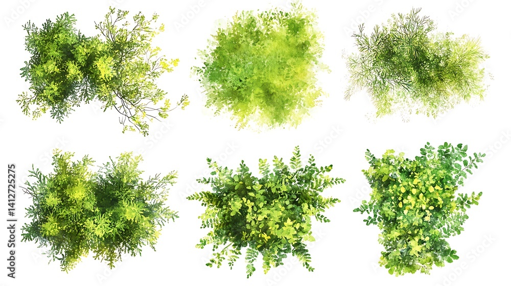 Fototapeta premium Watercolor top view foliage collection green plants landscape architecture natural garden painting style image