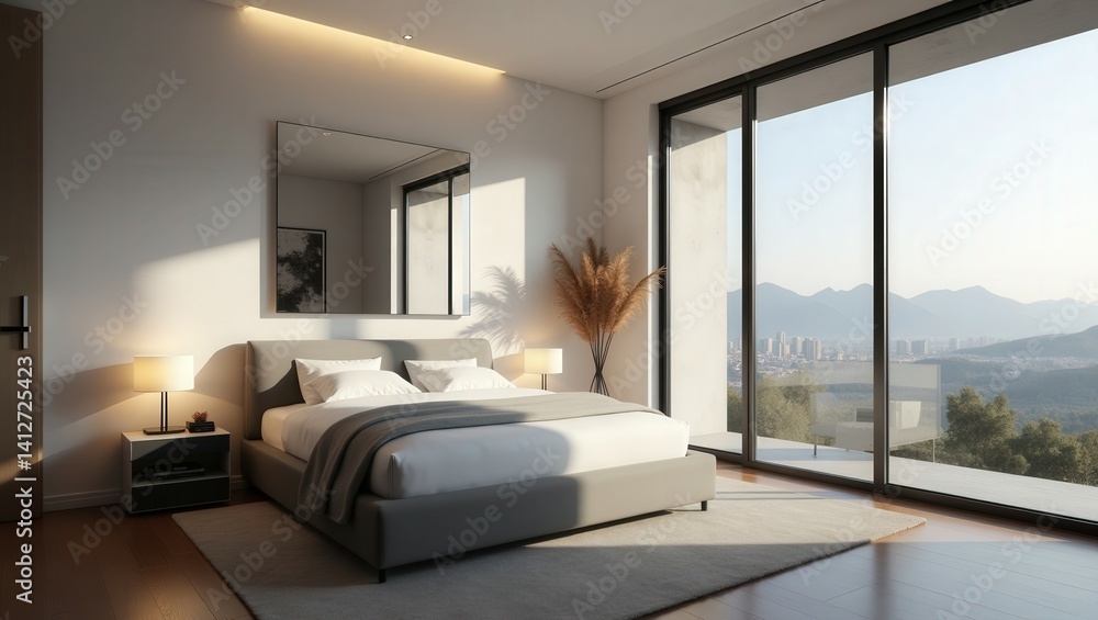 A serene modern bedroom with a minimalist bed, framed art above, neutral tones, and soft lighting. A large window reveals a cityscape and mountains, while pampas grass adds organic elegance A serene modern bedroom with a minimalist bed, framed art above, neutral tones, and soft lighting. A large window reveals a cityscape and mountains, while pampas grass adds organic elegance