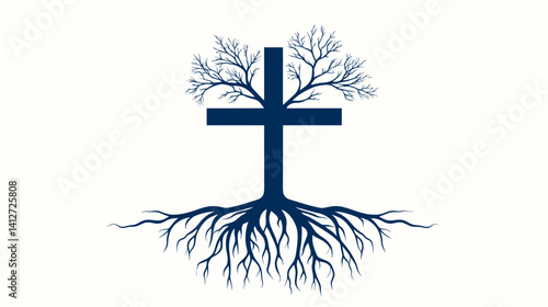 Stylized cross with intertwined vines and thorns, engraving-inspired vector art, representing resurrection and growth through suffering