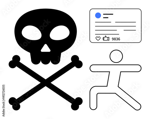 Skull and crossbones, user profile with thumbs ups, and a stretching figure explore health, danger, social influence. Ideal for health awareness, social media, digital behavior, fitness warning
