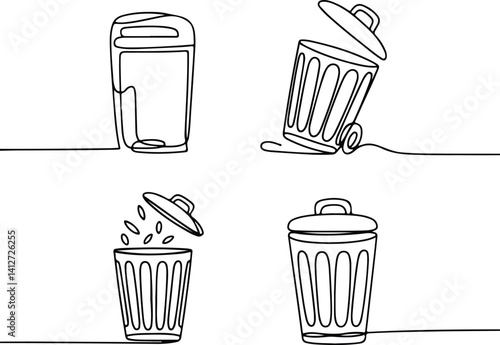 Trash Can One Line Drawing | Minimal Silhouette Vector Set Continuous Line Trash Bin Silhouettes | Simple Garbage Icon Art