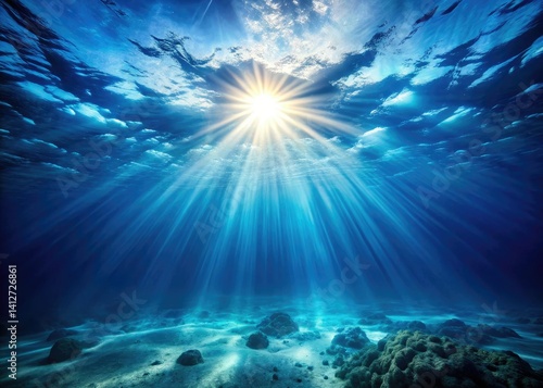 Ethereal underwater photography showcases deep ocean blue hues, illuminated by radiant sunbeams.