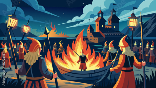 A group of men are gathered around a fire, with some of them holding swords. The scene is set in a dark, mysterious atmosphere, with the men dressed in medieval clothing