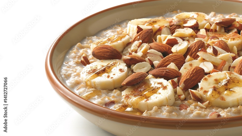 Bowl of oatmeal topped with nuts honey and banana slices isolated on a white background Bowl of oatmeal topped with nuts honey and banana slices isolated on a white background