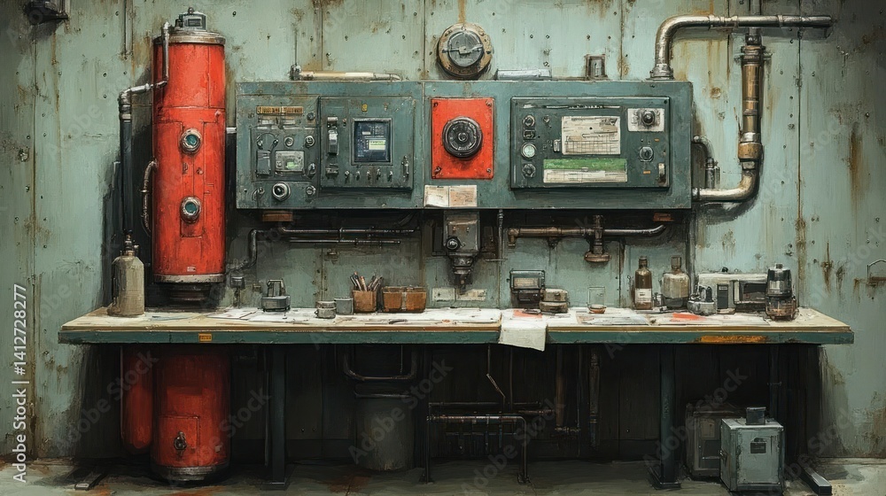 Industrial workbench with control panel and supplies Industrial workbench with control panel and supplies