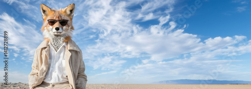 Fox with Sunglasses on Blue Sky with Clouds and Desert Landscape: Anthropomorphic Fox wearing Sunglasses and Linen Suit on Panoramic Sky Desert Background – Conceptual Banner with Copy Space