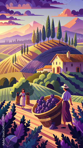 A woman and a man are picking grapes in a vineyard. The woman is wearing a hat and the man is wearing a hat and apron. The scene is set in a beautiful countryside with mountains in the background