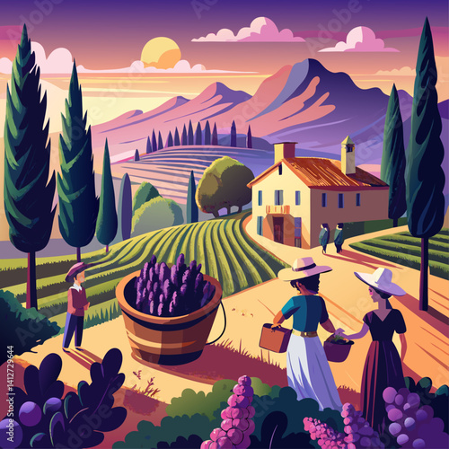 A woman and a man are picking grapes in a vineyard. The woman is wearing a hat and the man is wearing a hat and apron. The scene is set in a beautiful countryside with mountains in the background