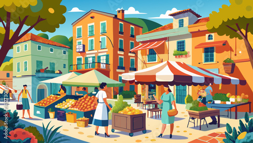A colorful painting of a market scene with people shopping and a woman carrying a basket. The mood of the painting is lively and cheerful