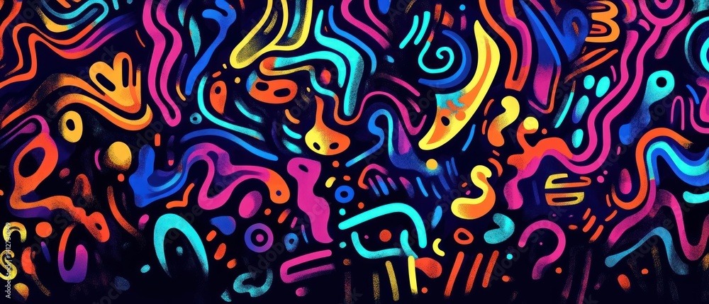 Vibrant Abstract Doodle Art with Colorful Squiggles on Dark Background Vibrant Abstract Doodle Art with Colorful Squiggles on Dark Background
