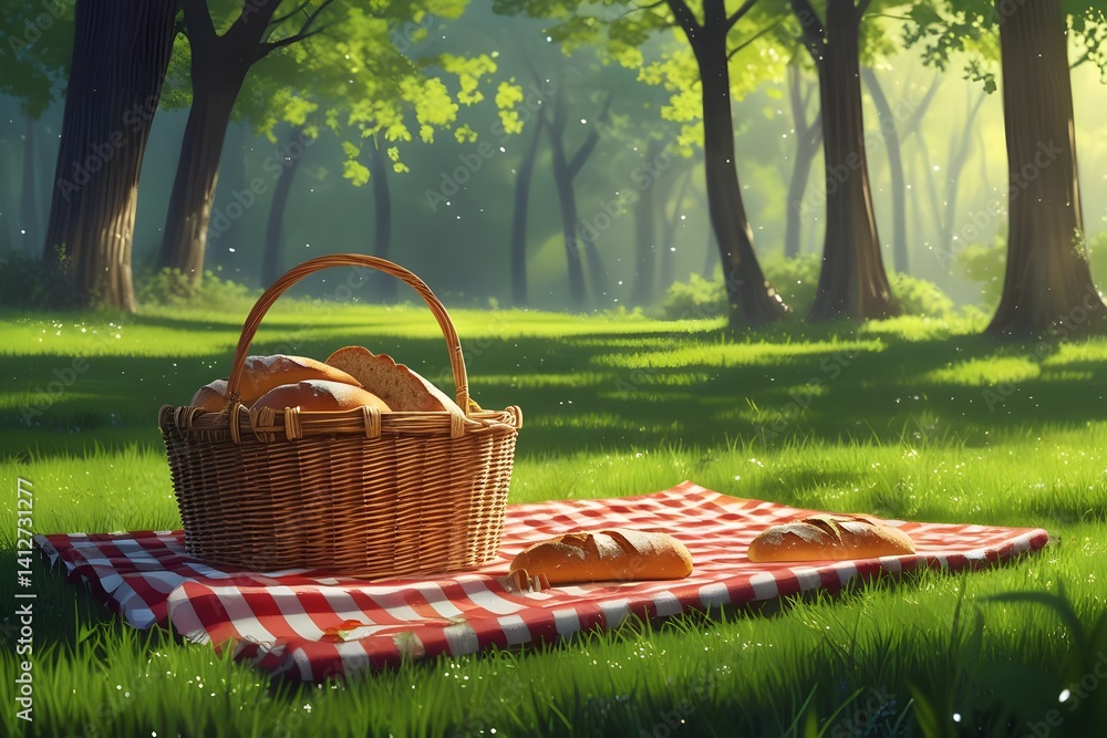 Picnic Scene with Woven Basket and Checkered Blanket in a Lush Green Park for Relaxation and Family Fun
Picnic Scene with Woven Basket and Checkered Blanket in a Lush Green Park for Relaxation and Family Fun