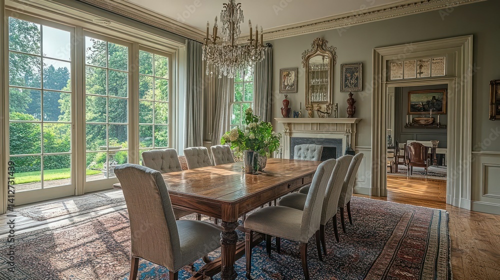 Luxurious dining room with large windows overlooking a garden Luxurious dining room with large windows overlooking a garden