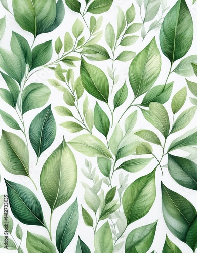 Wallpaper Mural Green foliage pattern with varied leaf shapes and textures on light background Torontodigital.ca