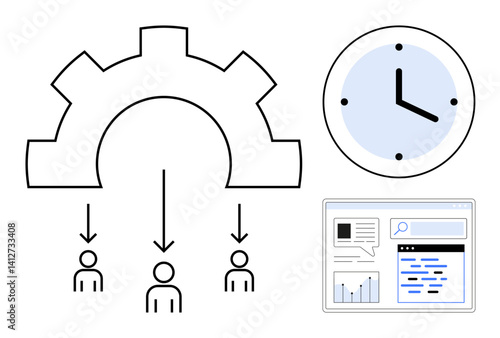 Workflow gear delegating tasks to team members, clock symbolizing time management, and interface screen showcasing analytics. Ideal for productivity, teamwork, project management, time tracking