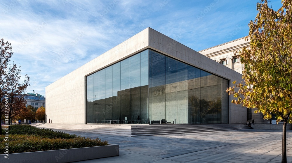 Obraz premium A large building with a glass facade and a large tree in front of it