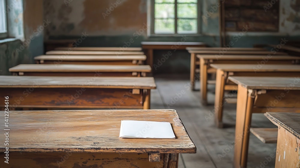 Empty Modern Classroom In the School Interior, Back to School Concept Book, Chair, table 3D Render. Empty Modern Classroom In the School Interior, Back to School Concept Book, Chair, table 3D Render.