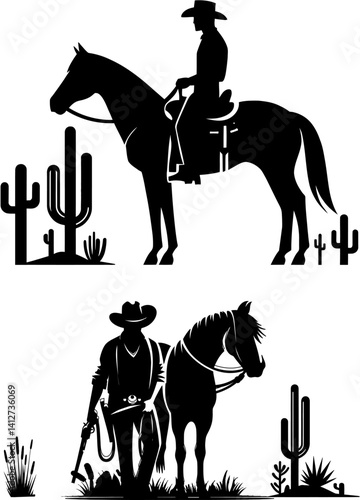 Cowboy Silhouettes with Horse and Desert Landscape – Western Wild West Vector Scene, Silhouette of a cowboy with a horse in the desert with cacti in classic wild west illustration style.