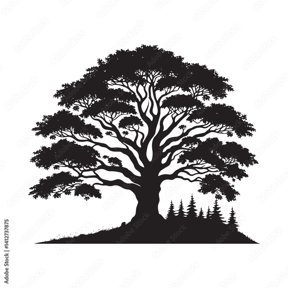 Fototapeta premium Mountain Ash Tree Silhouette - Tree Design - Minimalist Mountain ash Vector - Tree Black and White Illustration.