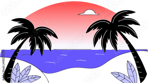 Tropical beach sunset with palm tree, calm sea, colorful sky, peaceful mood, relaxing vacation, summer landscape