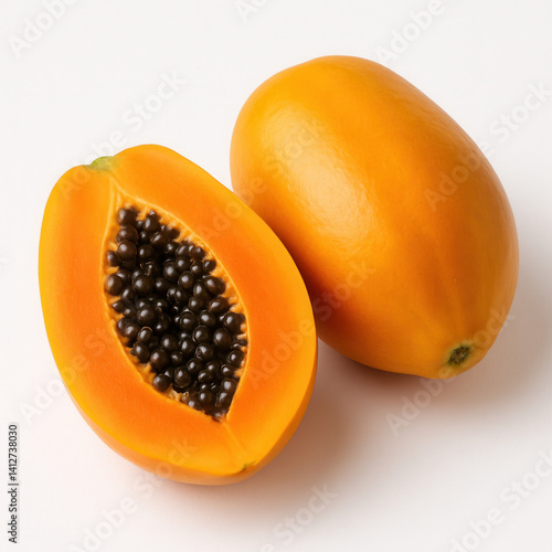 Fresh papaya fruit with vibrant orange flesh and black seeds creates tropical delight isolated on white background