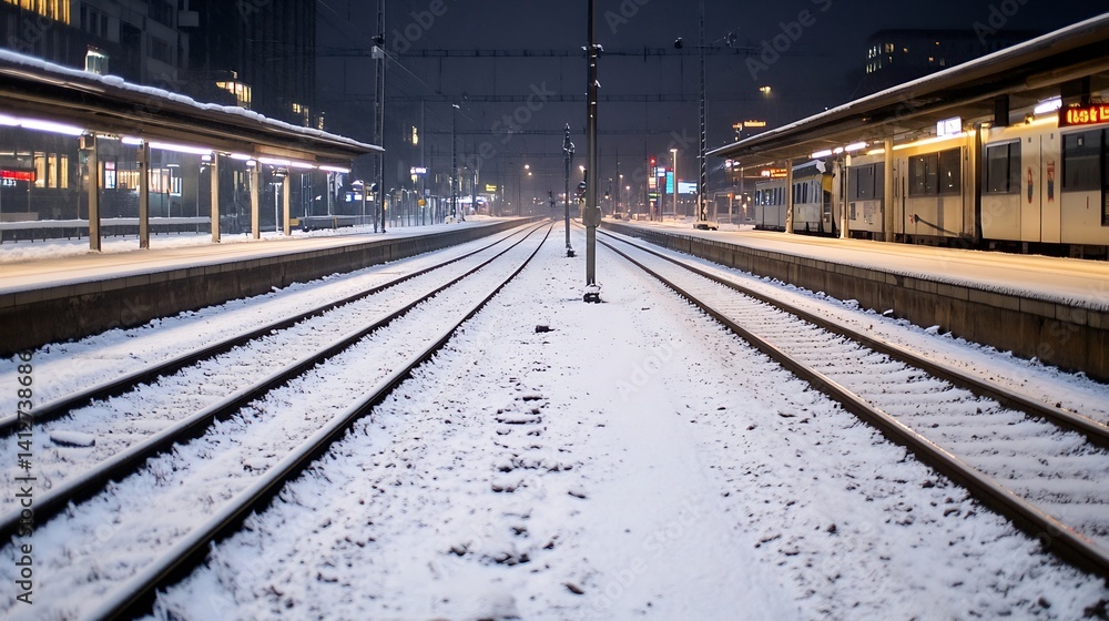 Obraz premium Scenic winter train station with snow-covered tracks creating a serene atmosphere : Generative AI