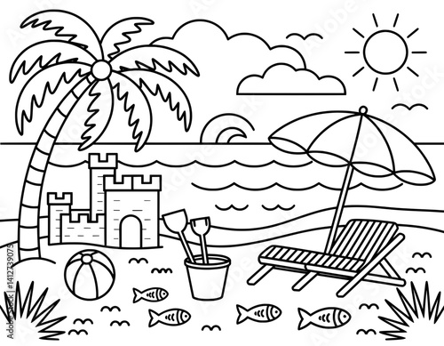 A simple line drawing of a tropical beach scene, perfect for coloring books or educational resources