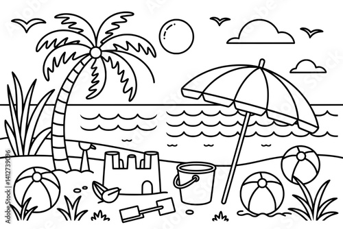 A simple, charming black and white line drawing of a beach scene