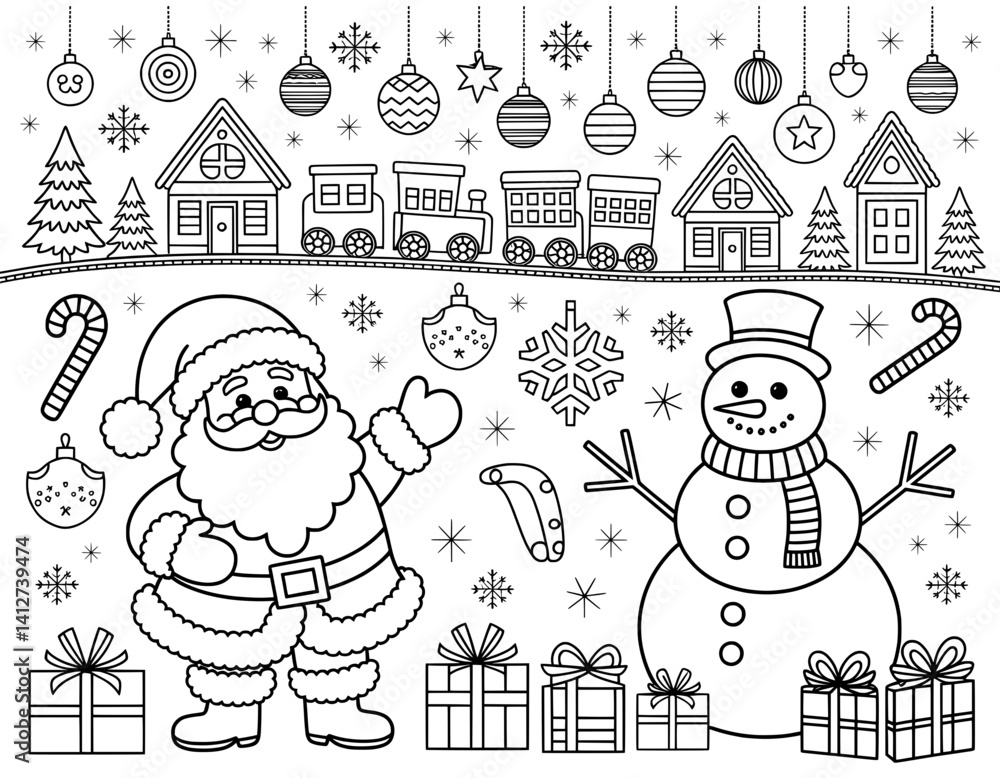 Fototapeta premium This black and white coloring page showcases a charming Christmas scene
