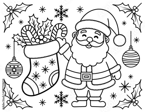 A cheerful and simple black and white coloring page featuring Santa Claus holding a Christmas stocking filled with candy canes and holly