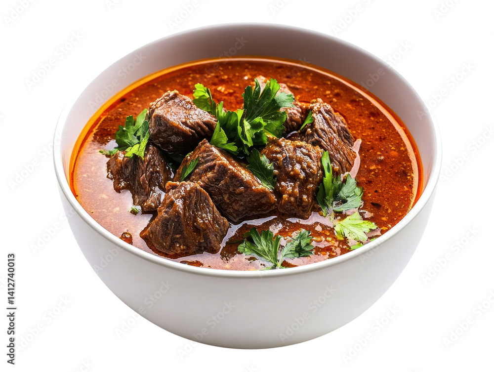 Rich and flavorful beef stew in a white bowl garnished with fresh coriander on a black background Rich and flavorful beef stew in a white bowl garnished with fresh coriander on a black background