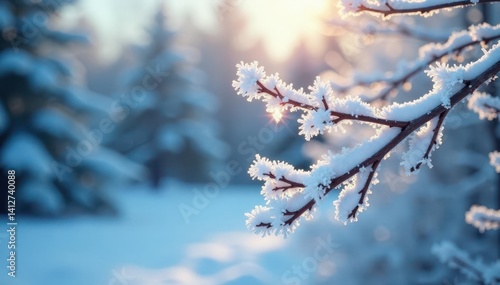 Glistening frost on white winter branches, stark contrast, peaceful, photography, calm