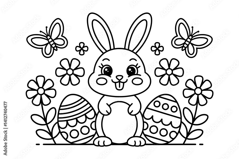 This black and white coloring page features a cheerful cartoon Easter bunny surrounded by decorative flowers and Easter eggs This black and white coloring page features a cheerful cartoon Easter bunny surrounded by decorative flowers and Easter eggs