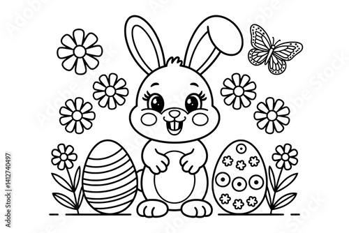 Adorable black and white coloring page featuring a cartoon Easter bunny holding Easter eggs surrounded by flowers and a butterfly