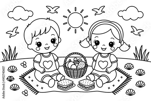 A black and white coloring page features two adorable cartoon children enjoying a picnic outdoors