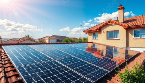 Residential rooftop solar panel array, sunny day , watts, photovoltaic