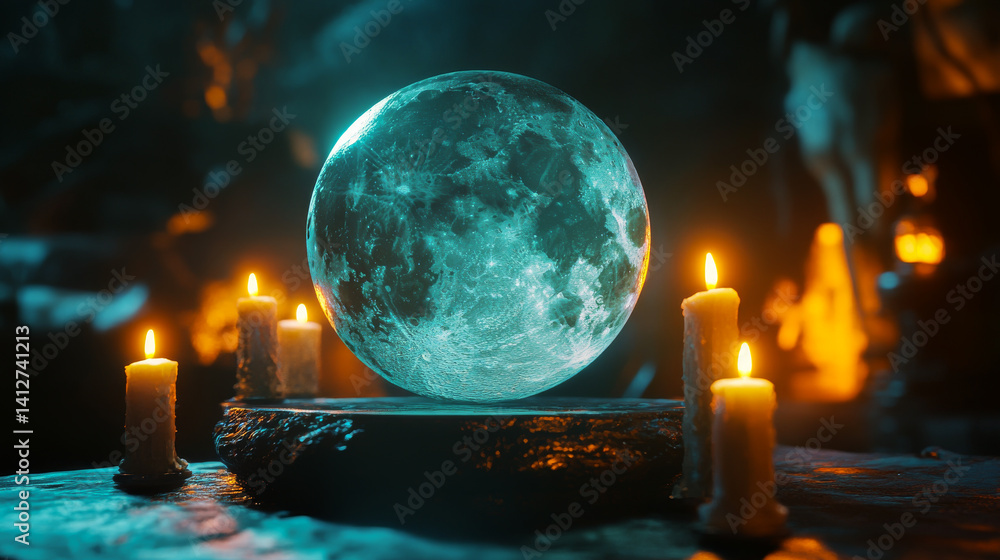 Magical Mystic luminous swirling glowing ball during witchcraft and occult esoteric spiritual ritual. Magic and sorcery