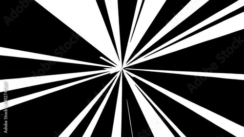 High-contrast comic-style burst background in black and white with dynamic radial lines. A bold and energetic visual perfect for manga, pop art, or dramatic animation scenes.