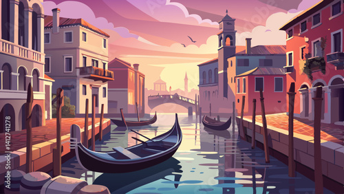 A painting of a city with a bridge and a boat in the water. The mood of the painting is peaceful and serene