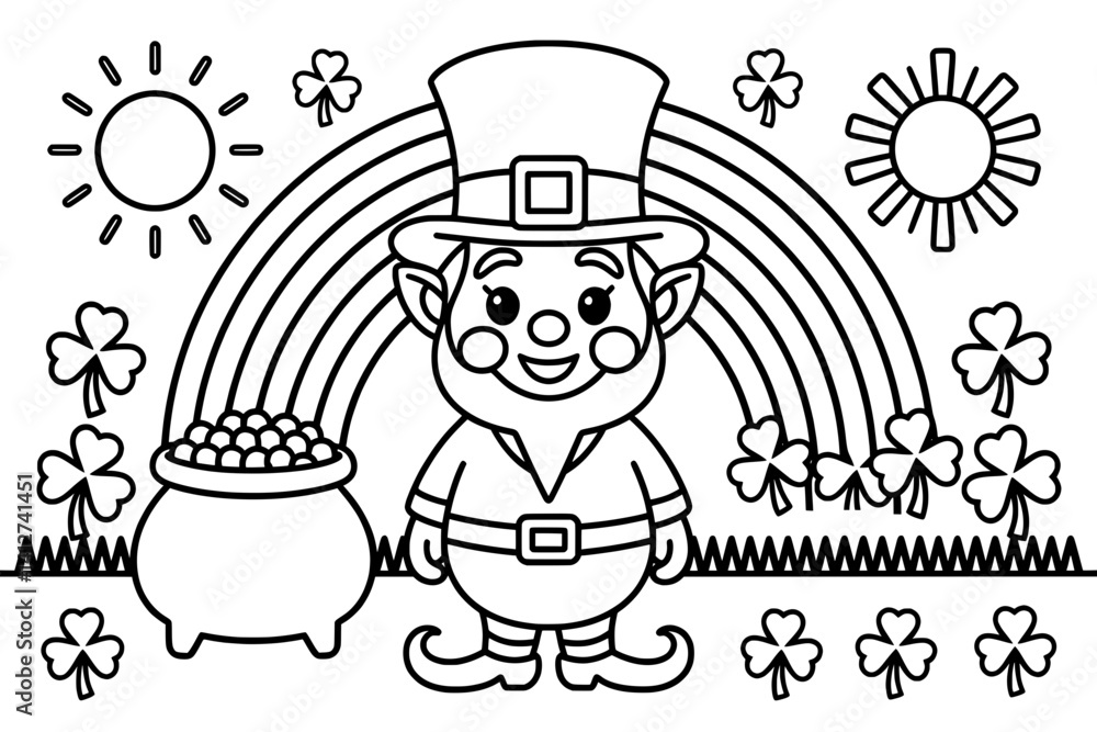 Naklejka premium A charming black and white coloring page featuring a happy leprechaun standing under a vibrant rainbow