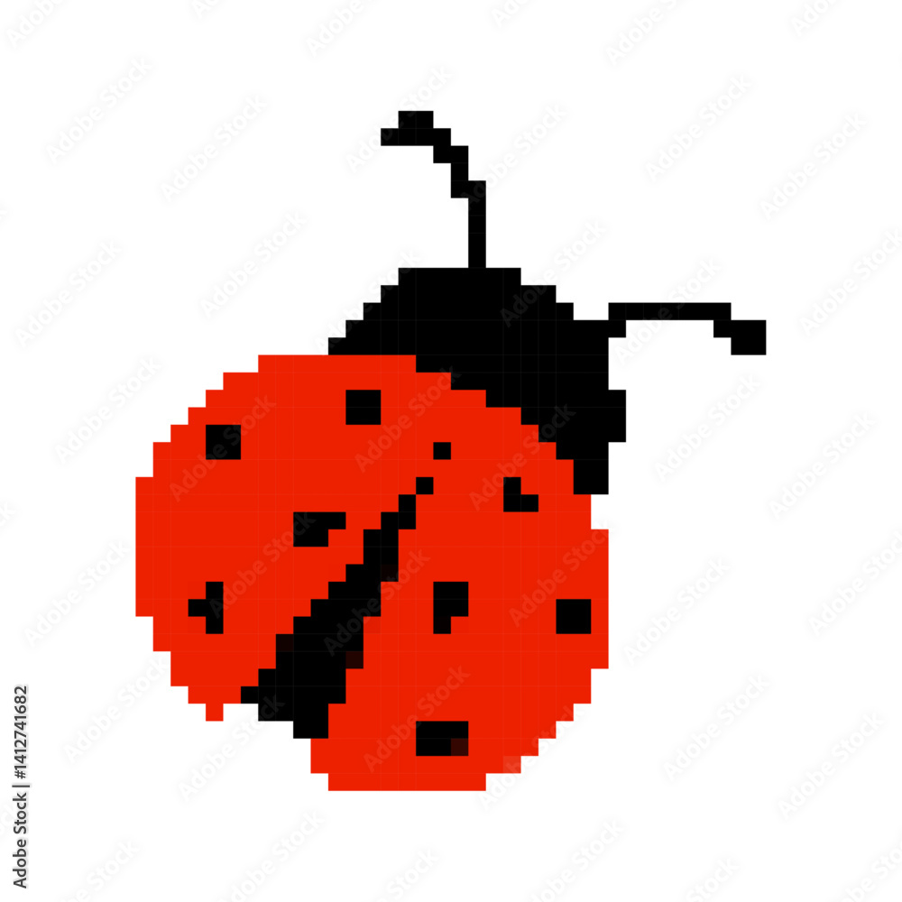 Obraz premium Pixel art, ladybug. Pixelated game design. Retro pixel art. Vector illustration isolated on white background.