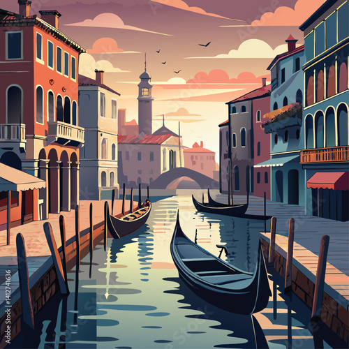 A painting of a city with a bridge and a boat in the water. The mood of the painting is peaceful and serene