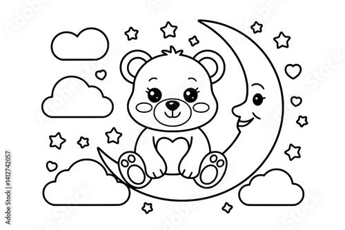 A black and white coloring page featuring a whimsical, cartoon bear sitting on a crescent moon