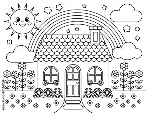 A cheerful and whimsical coloring page featuring a charming little house nestled amidst flowers, a rainbow, and a smiling sun