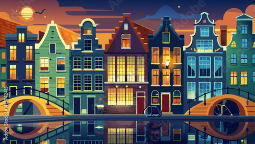 A cityscape with a bridge and a bike leaning against a building. The buildings are colorful and the sky is dark