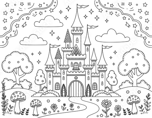 A whimsical, black and white illustration of a fairytale castle nestled in a landscape of trees, flowers, and mushrooms