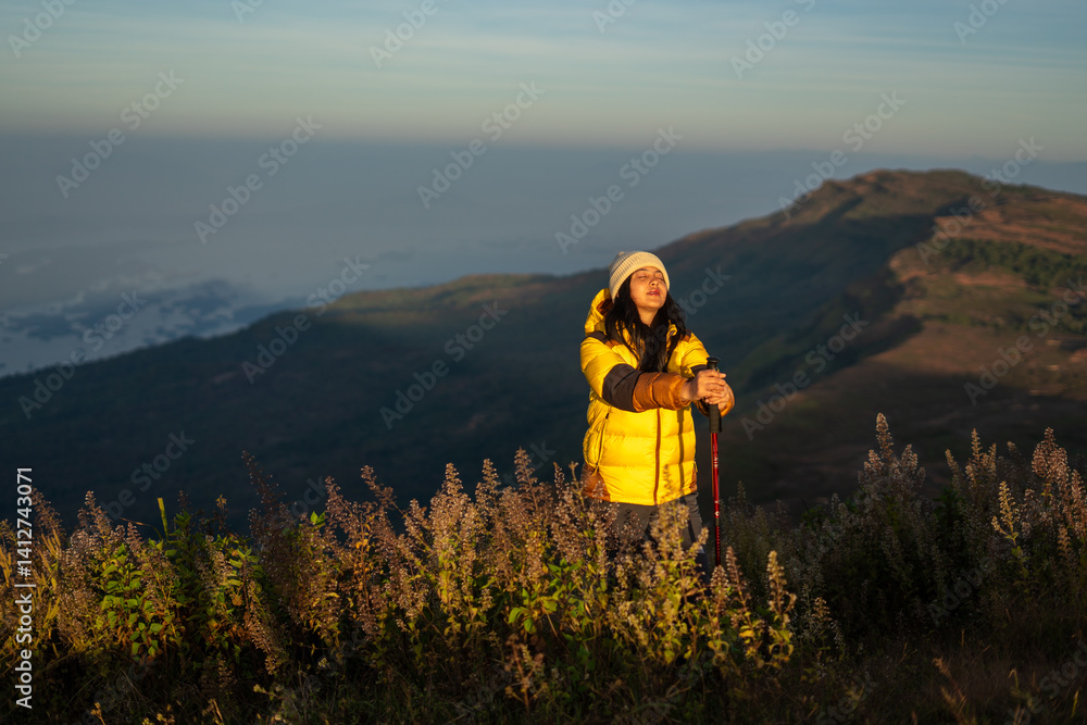 Morning hike adventure mountain range scenic landscape sunrise traveler nature exploration