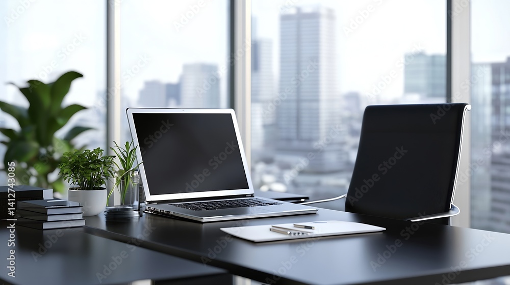 Modern office workspace with laptop overlooking city skyline featuring plants and minimalistic design : Generative AI Modern office workspace with laptop overlooking city skyline featuring plants and minimalistic design : Generative AI