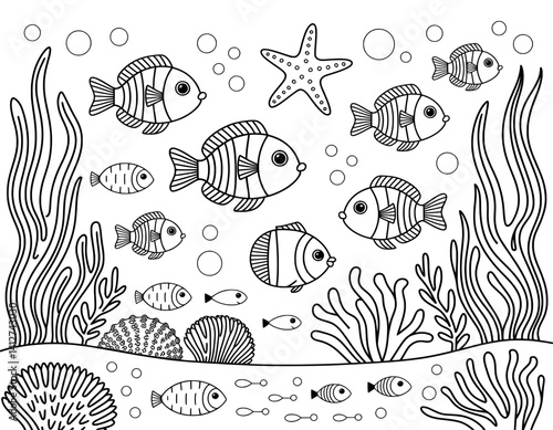 A charming, black and white coloring page featuring various fish, a starfish, and coral reefs