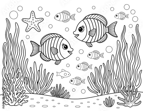 A captivating black and white illustration of a vibrant underwater scene