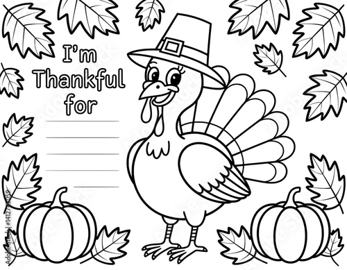 A black and white coloring page design featuring a cute cartoon turkey wearing a pilgrim hat, surrounded by autumn leaves and pumpkins